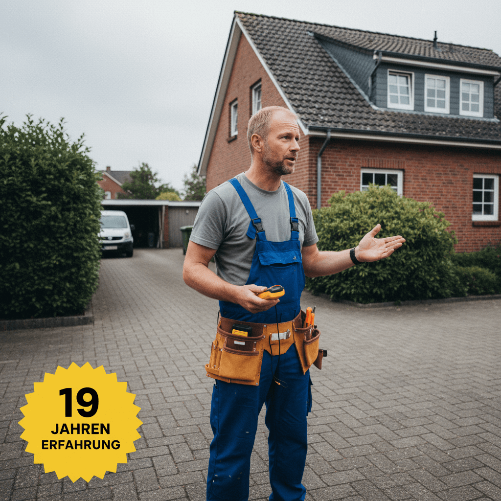 Lokaler Techniker vor einem Wohnhaus in Bremen im Gespräch mit Kunden